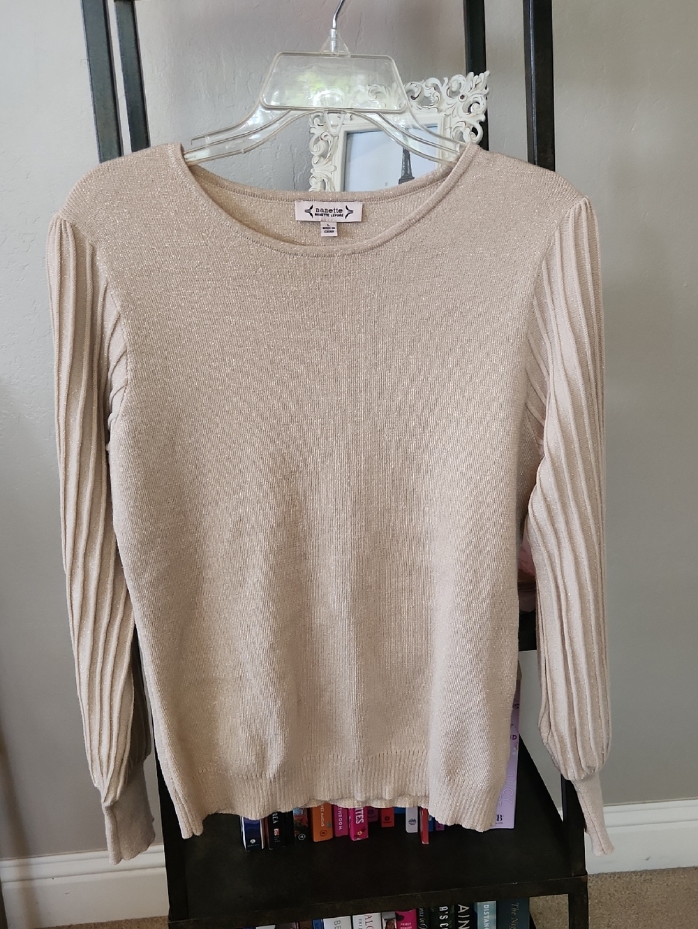 Nanette Lepore Cream Scoopneck Shimmer Sweater with Ribbed Sleeves